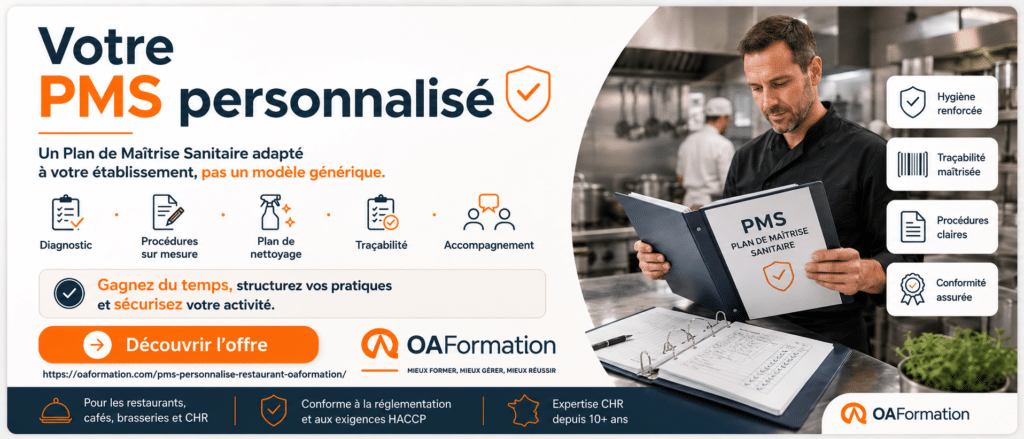 Bandeau OAFormation présentant une offre de PMS personnalisé pour les restaurants, avec un professionnel en cuisine consultant un classeur Plan de Maîtrise Sanitaire.