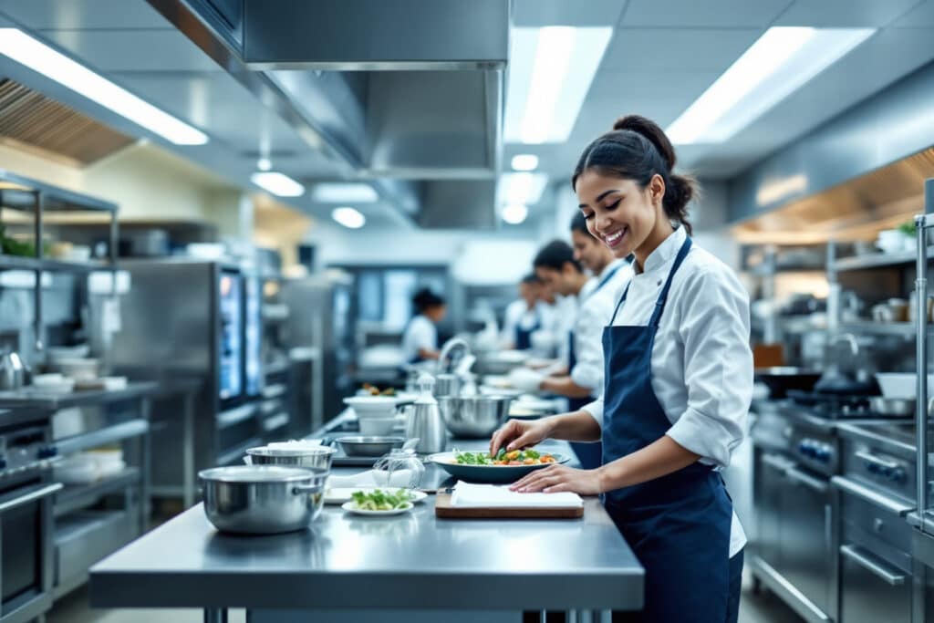 Cuisiniere faisant sa mise en place sur une table inox de cuisine professionnelle