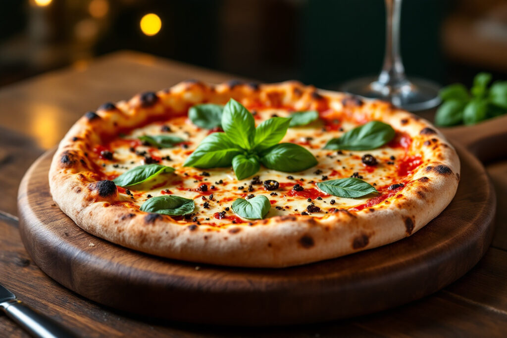 Presentation d'une pizza napolitaine avec les ingredient toate et basilic