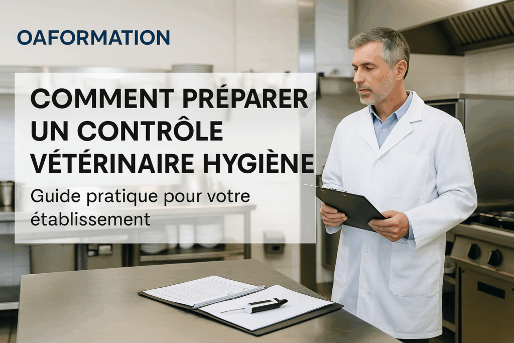 visuel montrant un inspecteur vétérinaire (DDPP) dans une cuisine professionnelle en train de contrôler les équipements et documents.