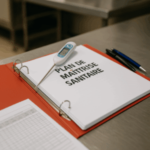 un gros plan sur un dossier PMS ouvert sur une table inox, avec documents, thermomètre et stylos, dans une cuisine professionnelle