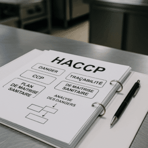un gros plan sur un classeur ou des documents HACCP avec des termes ou schémas visibles, posé sur une table inox dans une cuisine professionnelle