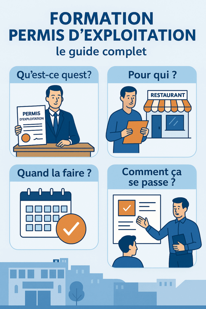 Infographie présentant les étapes clés et les questions fréquentes sur la formation Permis d’Exploitation pour ouvrir un restaurant.