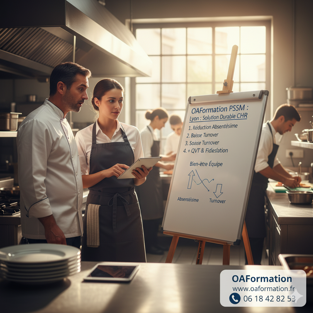 Un chef cuisinier et une serveuse discutent en cuisine devant un tableau PSSM sur la réduction du turnover et de l'absentéisme en CHR à Lyon, avec d'autres cuisiniers en arrière-plan.