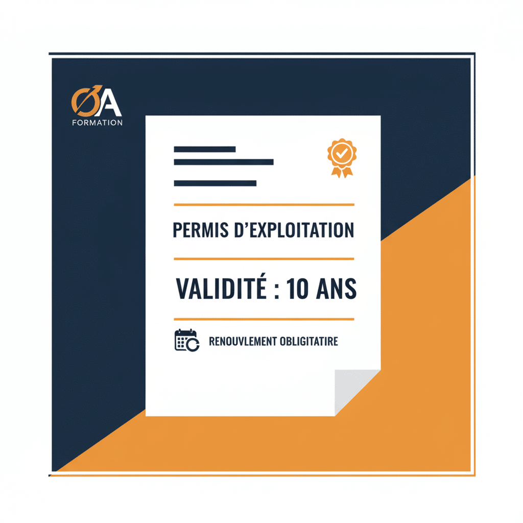 Permis d'exploitation valide 10 ans avec la mention "Renouvellement obligatoire" par OA Formation, dans un décor de bar-restaurant pour l'industrie CHR.