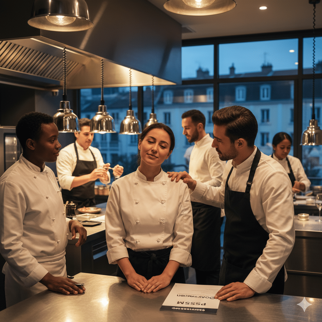 Scène de cuisine professionnelle de restaurant à Lyon. Un chef et un commis apportent un soutien bienveillant et une écoute active à une cheffe visiblement épuisée ou stressée. Un document de formation PSSM OAFormation est visible sur le comptoir. Illustration de l'importance des Premiers Secours en Santé Mentale dans le secteur CHR.