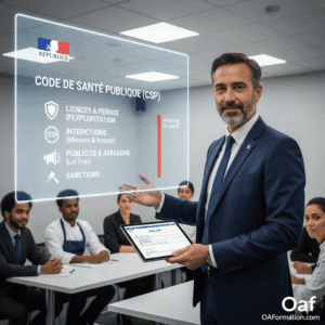 Chef professionnel titulaire du Permis d'Exploitation montrant la déclaration DDPP validée face à un contrôleur.
