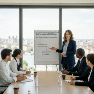 Une formatrice PSSM (OAFormation) explique la formation Premiers Secours en Santé Mentale à un groupe diversifié de professionnels, avec une vue panoramique sur Lyon en arrière-plan.