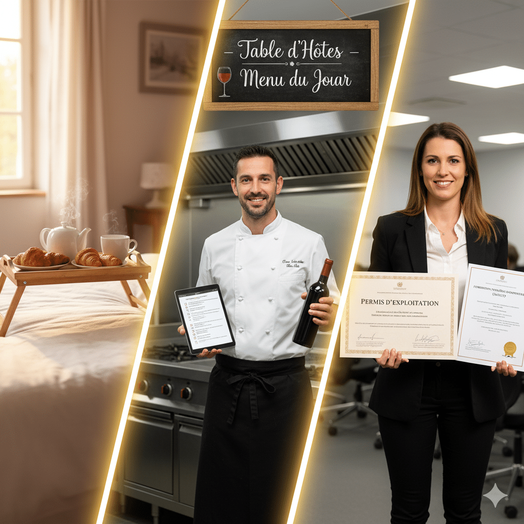 Concept visuel des obligations pour une table d'hôtes. D'un côté, une chambre d'hôte cosy. De l'autre, des gérants professionnels dans une cuisine, un homme tenant une bouteille de vin et une femme présentant fièrement son certificat de Permis d'Exploitation, illustrant la conformité légale.