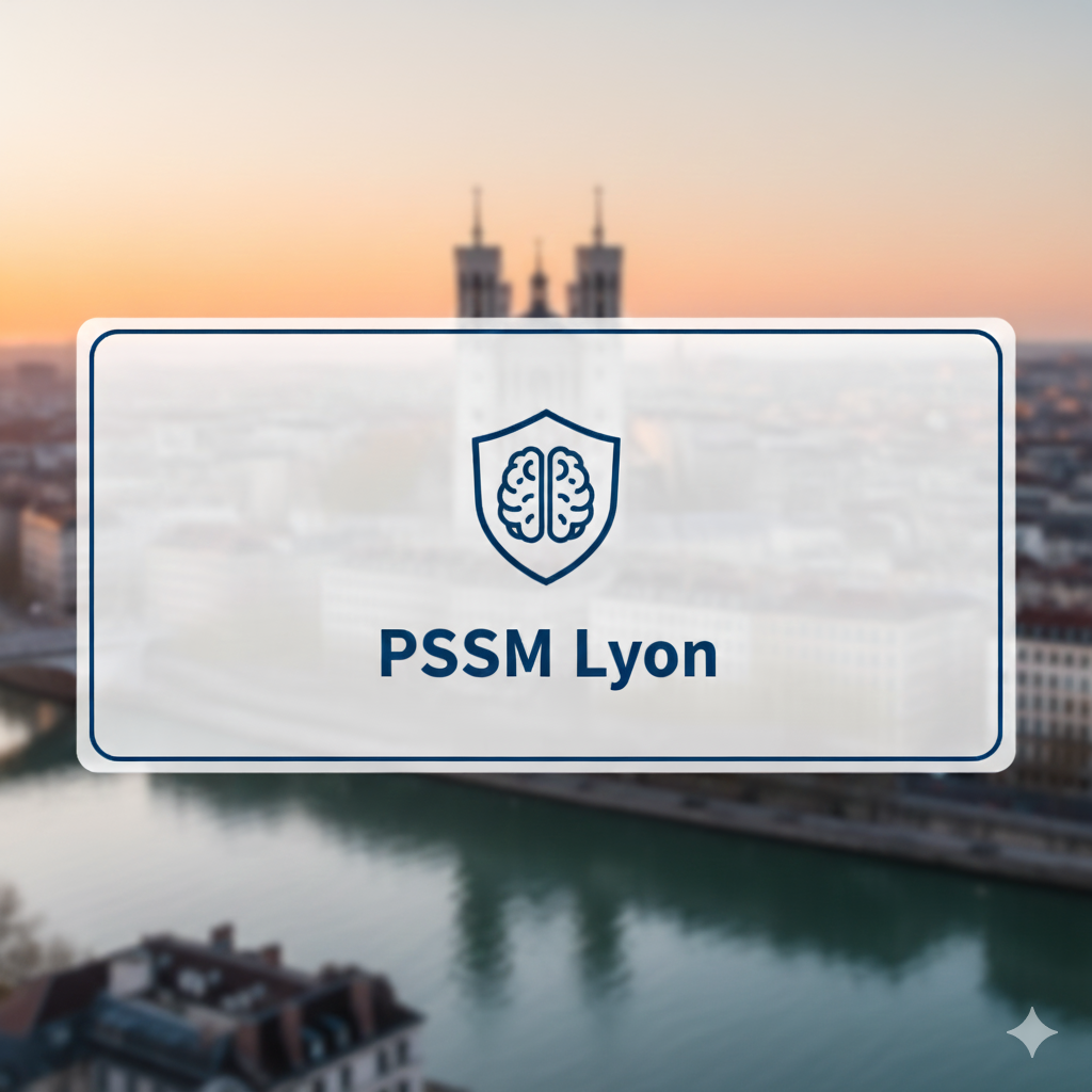 Logo PSSM Lyon sur fond flou de la ville de Lyon au coucher du soleil, avec la Basilique de Fourvière en arrière-plan