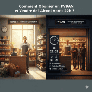 Illustration d'une boutique de nuit ou d'une petite épicerie éclairée par des néons, avec une horloge affichant 22h30. Une silhouette discute avec un vendeur à l'intérieur. Le tout symbolise le commerce nocturne d'alcool à emporter soumis au PVBAN.
