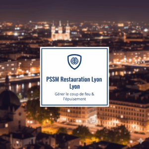 PSSM Restauration Lyon sur fond flou de la ville de Lyon illuminée la nuit, avec la mention "Gérer le coup de feu & l'épuisement".