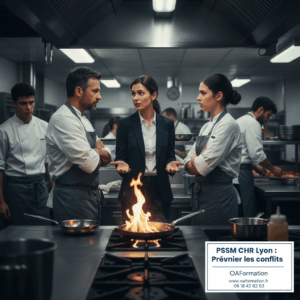 Une formatrice PSSM désamorce un conflit entre deux chefs cuisiniers et une serveuse dans une cuisine de restaurant à Lyon, illustrant la prévention des tensions en CHR.