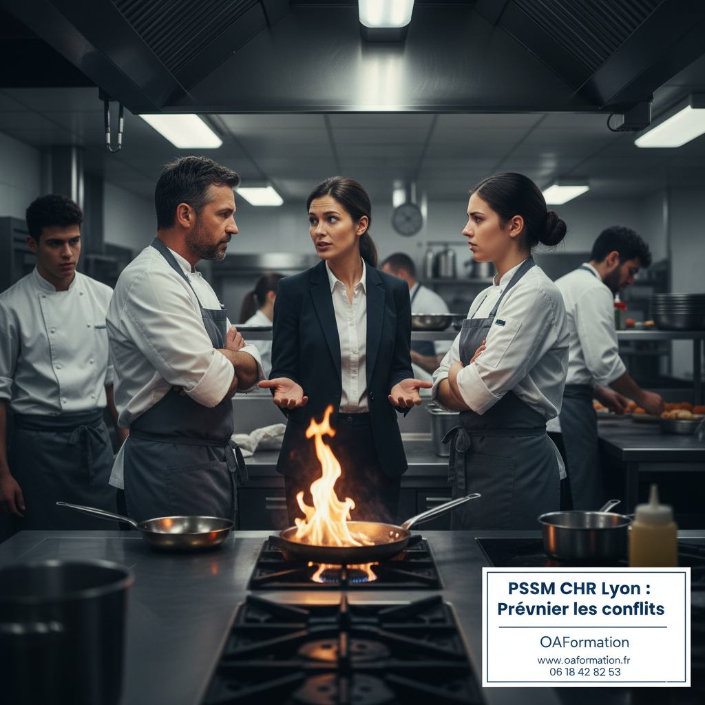 Une formatrice PSSM désamorce un conflit entre deux chefs cuisiniers et une serveuse dans une cuisine de restaurant à Lyon, illustrant la prévention des tensions en CHR.