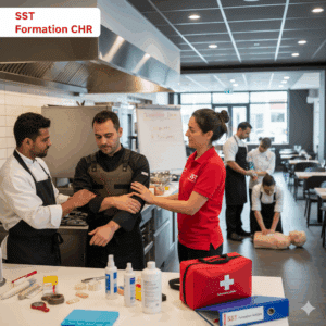 Des chefs cuisiniers et serveurs en formation de Sauveteur Secouriste du Travail (SST) dans une cuisine professionnelle et une salle de restaurant, avec une instructrice en secourisme et du matériel de premiers secours