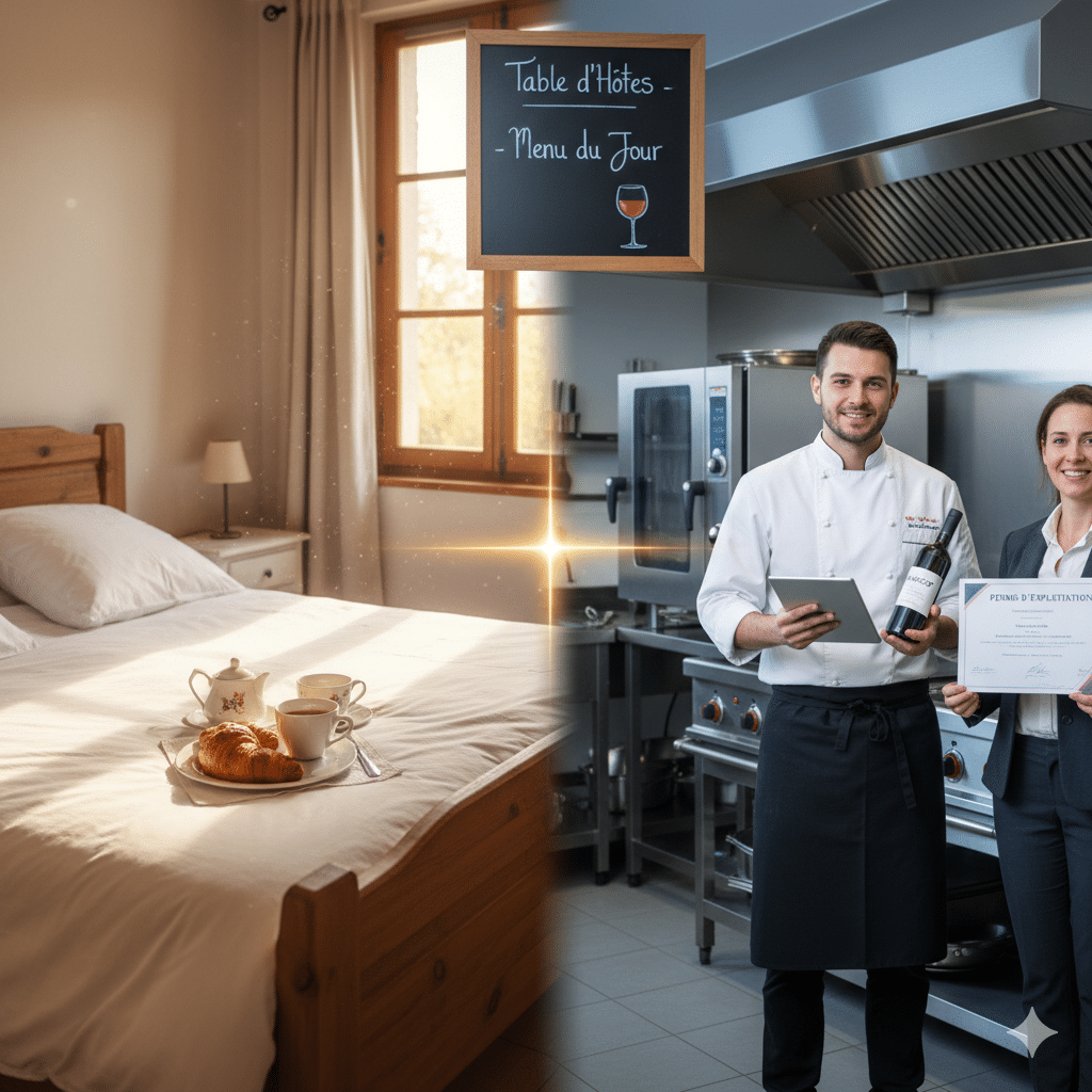 Montage photo illustrant les obligations pour ouvrir une chambre et table d'hôtes. À gauche, une chambre accueillante avec petit-déjeuner. À droite, un couple d'exploitants en cuisine professionnelle, symbolisant la formation HACCP et la détention d'un Permis d'Exploitation pour la vente d'alcool.