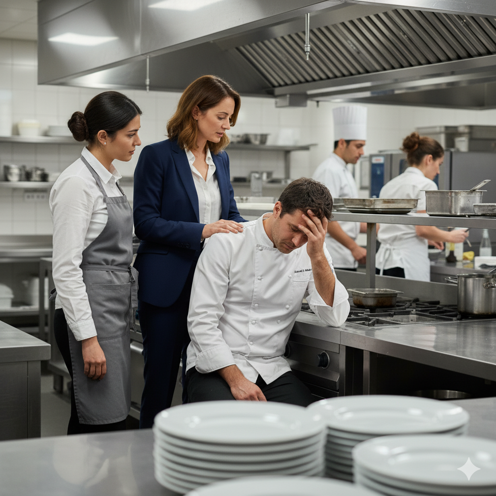 Un chef cuisinier épuisé et en détresse, la tête dans les mains, soutenu par une formatrice PSSM et une serveuse en cuisine professionnelle, illustrant le stress en restauration.