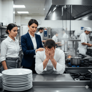 Un chef cuisinier épuisé et en détresse, la tête dans les mains, soutenu par une formatrice PSSM et une serveuse en cuisine professionnelle, illustrant le stress en restauration.