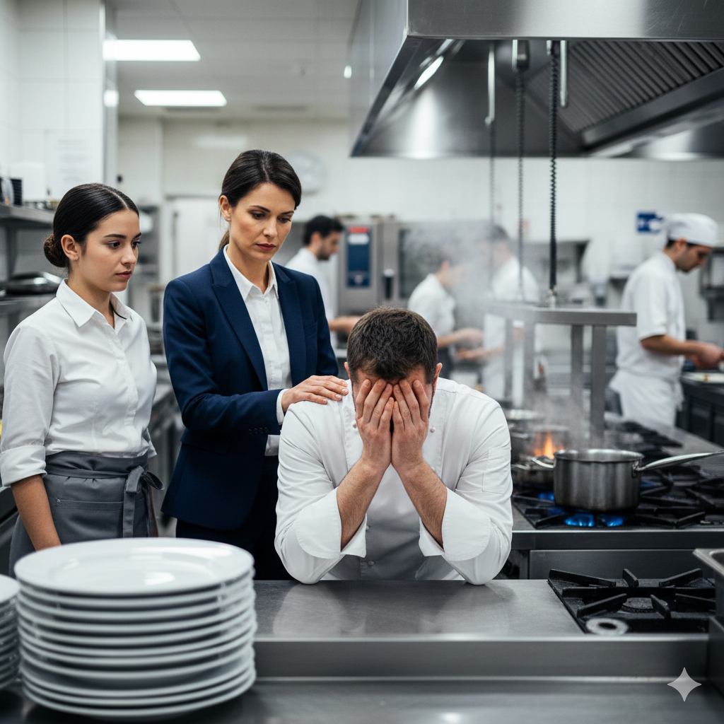 Un chef cuisinier épuisé et en détresse, la tête dans les mains, soutenu par une formatrice PSSM et une serveuse en cuisine professionnelle, illustrant le stress en restauration.