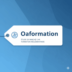 Une image stylisée pour une étiquette d'article, présentant le logo "Oaformation" et des éléments visuels liés à la restauration et à l'analyse de marché, comme une carte ou des icônes de lieux, sur fond bleu et blanc