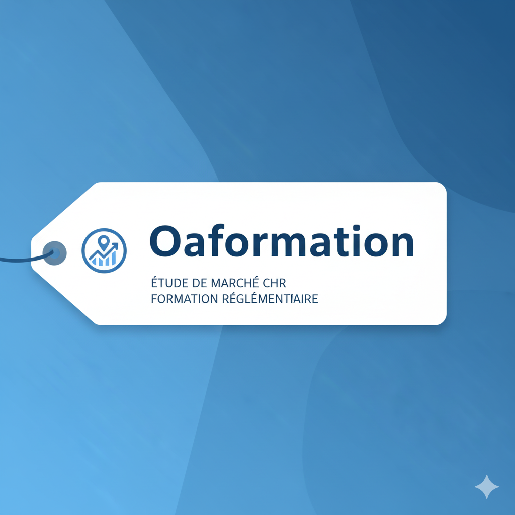 Une image stylisée pour une étiquette d'article, présentant le logo "Oaformation" et des éléments visuels liés à la restauration et à l'analyse de marché, comme une carte ou des icônes de lieux, sur fond bleu et blanc