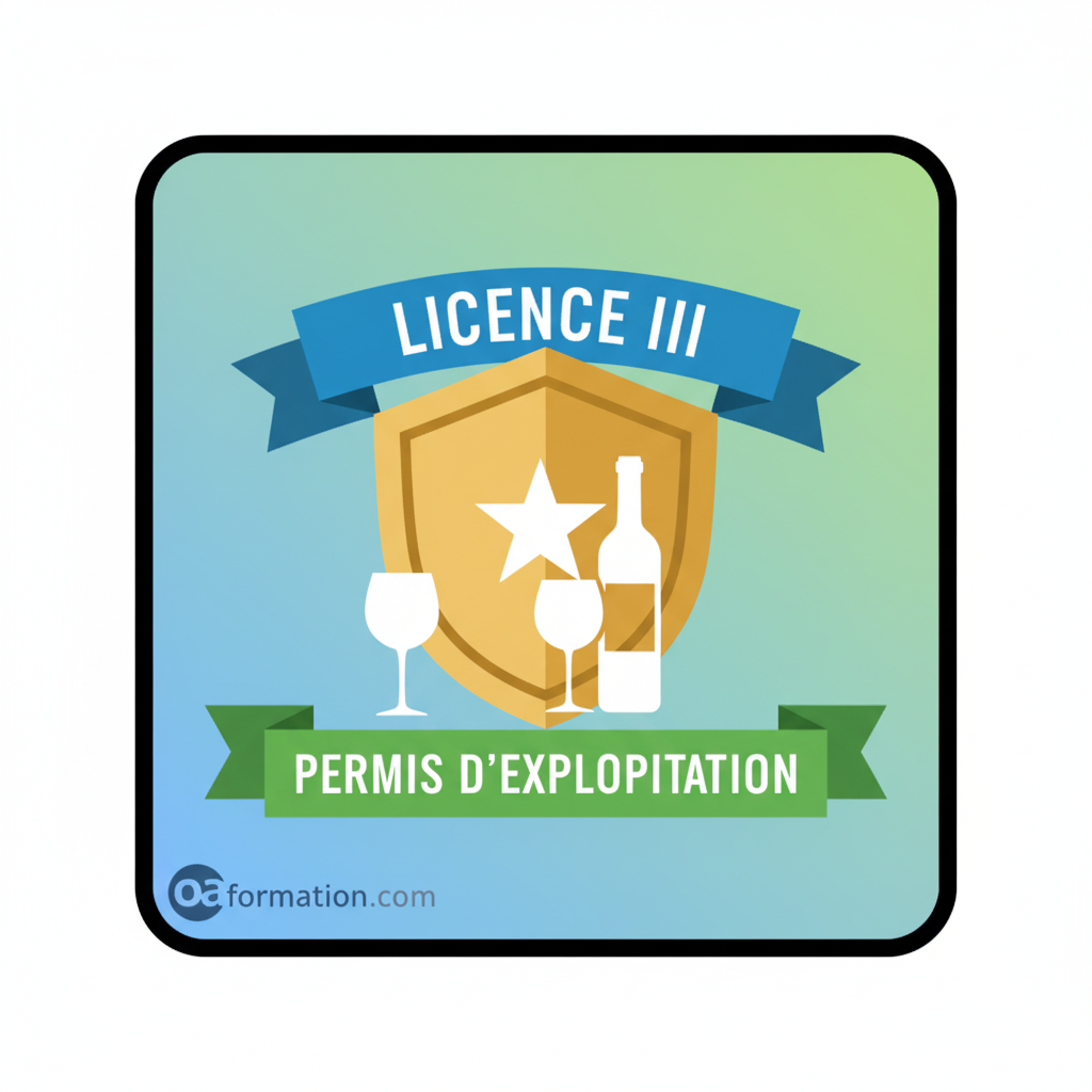 Icône de la Licence III et Permis d'Exploitation avec logo OAFormation pour formation débits de boissons en France.