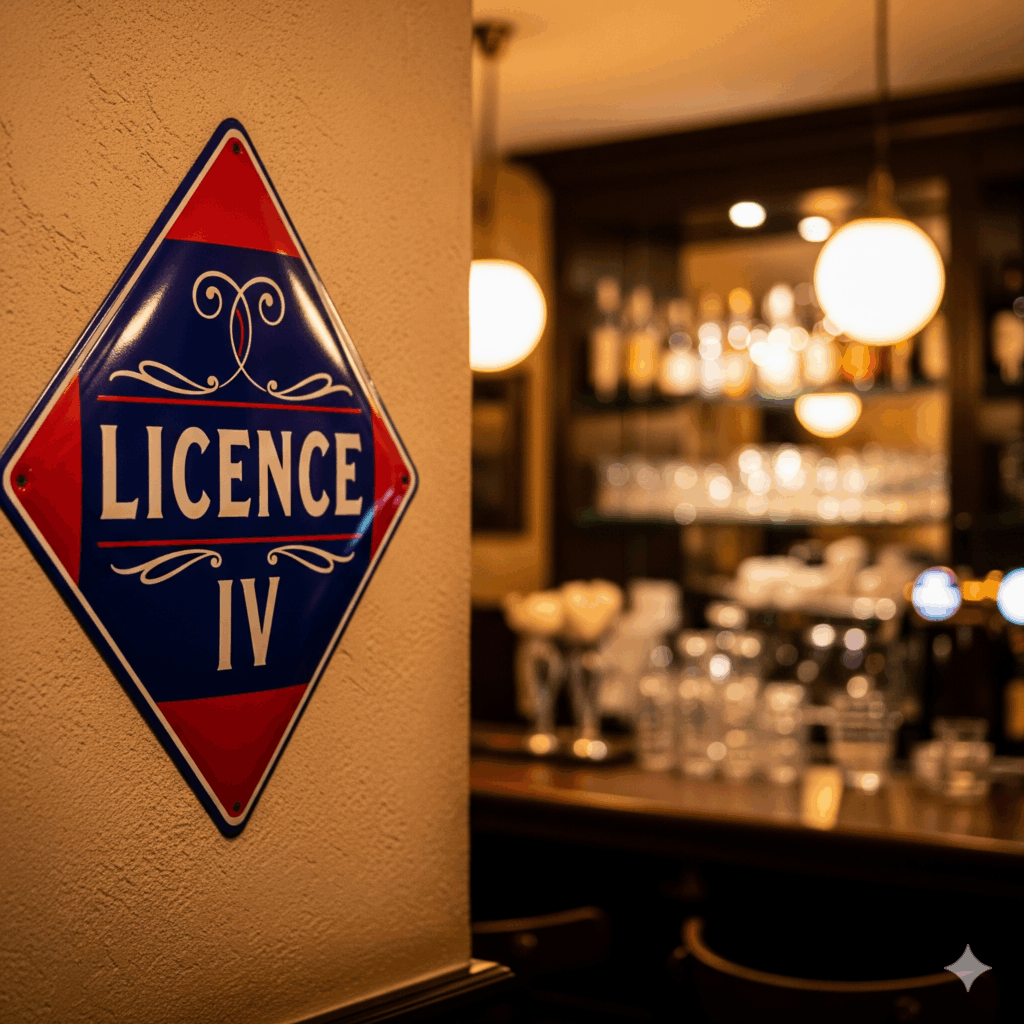 Panneau officiel Licence IV rouge et bleu accroché dans un bar traditionnel français, illustrant les options d'achat, de mutation ou de transfert pour l'exploitation d'un débit de boissons."