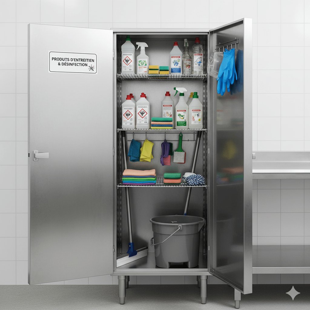 "Placard de rangement en inox ouvert en cuisine professionnelle, montrant des produits de nettoyage et de désinfection organisés sur des étagères pour éviter la contamination croisée."