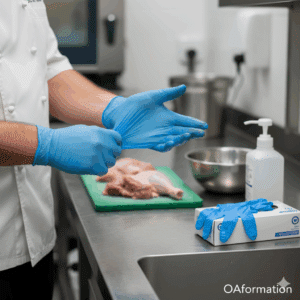 Cuisinier en train d'enfiler une nouvelle paire de gants bleus jetables avant de manipuler des aliments crus, symbolisant une bonne pratique d'hygiène HACCP." (Ce texte décrit précisément l'action et le contexte, renforçant les mots-clés liés à l'hygiène et au HACCP.)