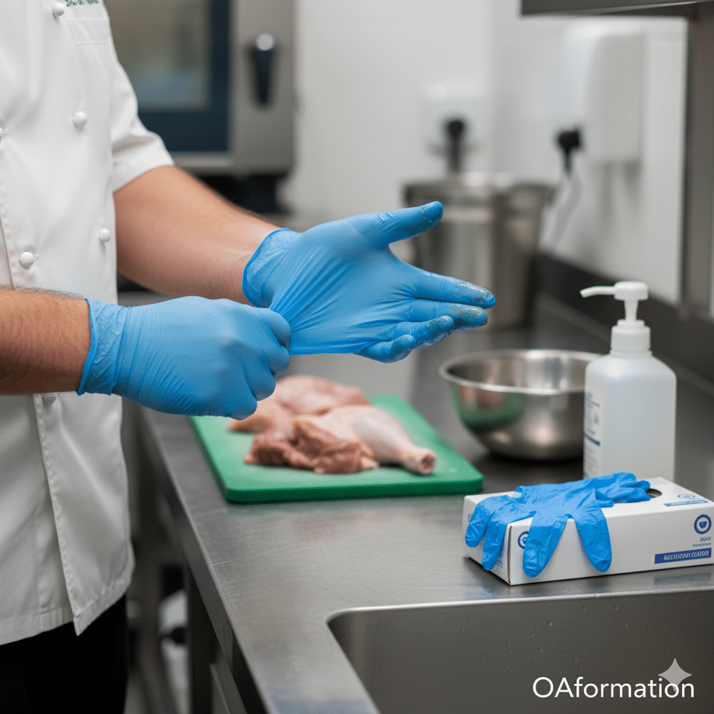Cuisinier en train d'enfiler une nouvelle paire de gants bleus jetables avant de manipuler des aliments crus, symbolisant une bonne pratique d'hygiène HACCP." (Ce texte décrit précisément l'action et le contexte, renforçant les mots-clés liés à l'hygiène et au HACCP.)