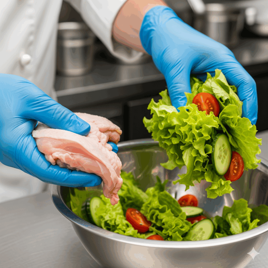 Cuisinier avec gants bleus manipulant simultanément poulet cru et salade, illustrant un risque de contamination croisée en restauration." (Ce texte est essentiel. Il décrit précisément l'image pour les malvoyants et pour les moteurs de recherche qui ne peuvent pas "voir" l'image. Il inclut les actions et les objets clés.)