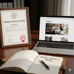 Certificat de Permis d'Exploitation et ordinateur portable affichant le site de formation CHR OAFormation sur un bureau de travail, avec un carnet de notes mentionnant "Budget Licence IV : Validé".