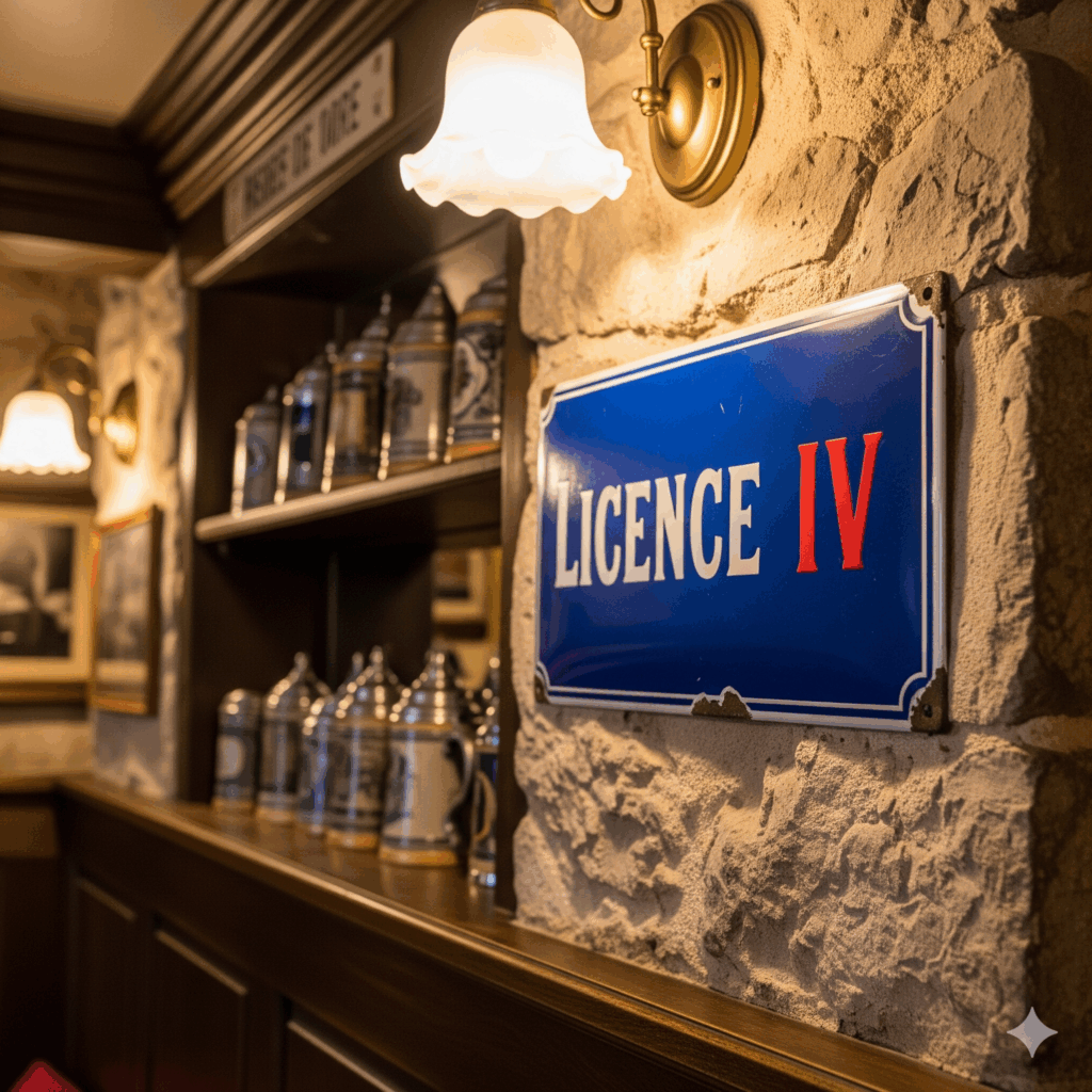 Panneau émaillé traditionnel Licence IV affiché sur le mur d'une brasserie française authentique.