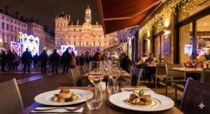 Table de restaurant dressée en terrasse à Lyon la nuit avec des plats soignés et du vin, sur fond de façades historiques illuminées durant la Fête des Lumières 2025.