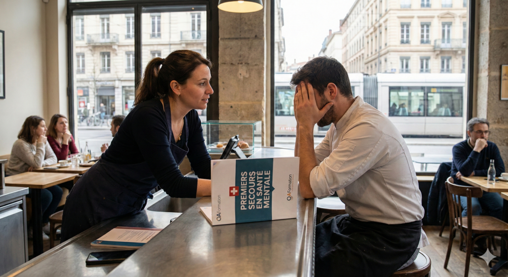 Scène de soutien dans un café à Lyon : une employée écoute activement un collègue cuisinier en situation de détresse au comptoir. Le manuel de formation "Premiers Secours en Santé Mentale" (PSSM) avec le logo OAFormation est posé entre eux, illustrant la mise en pratique des gestes de secours en milieu professionnel CHR.