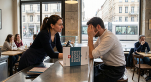 Scène de soutien dans un café à Lyon : une employée écoute activement un collègue cuisinier en situation de détresse au comptoir. Le manuel de formation "Premiers Secours en Santé Mentale" (PSSM) avec le logo OAFormation est posé entre eux, illustrant la mise en pratique des gestes de secours en milieu professionnel CHR.