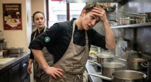 Cuisinier montrant des signes de stress intense dans un restaurant à Lyon, observé avec attention par une collègue identifiée comme Secouriste en Santé Mentale (PSSM), illustrant la prévention des troubles psychiques et addictions en milieu CHR.