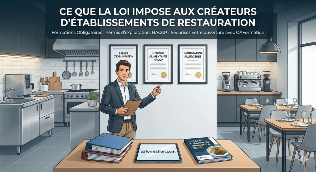 Illustration des formations obligatoires pour ouvrir un restaurant : un expert pointe les certificats Permis d'exploitation, HACCP et Allergènes, avec le site oaformation.com visible sur une tablette.
