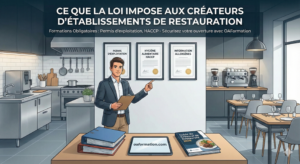 Illustration des formations obligatoires pour ouvrir un restaurant : un expert pointe les certificats Permis d'exploitation, HACCP et Allergènes, avec le site oaformation.com visible sur une tablette.