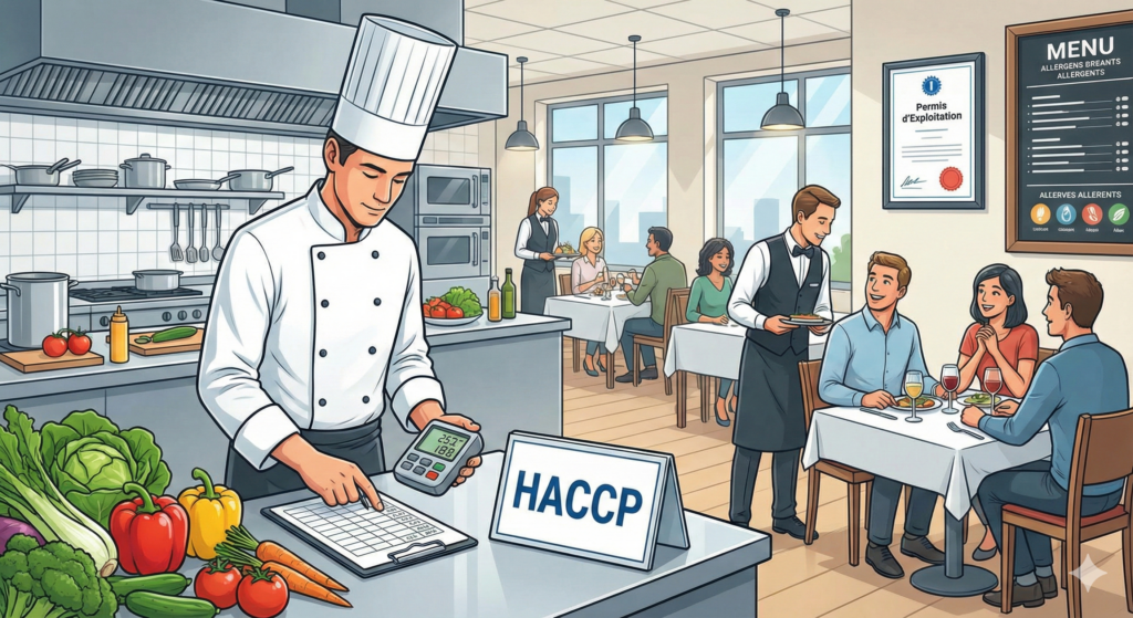 Illustration d'un restaurant prospère en France : un chef applique rigoureusement les normes d'hygiène HACCP en cuisine pendant qu'un serveur assure le service auprès de clients satisfaits en salle, avec le permis d'exploitation affiché au mur.