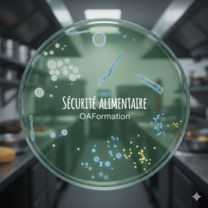 Boîte de Pétri révélant des micro-organismes sur un fond de cuisine professionnelle flouté, illustration de la maîtrise des risques sanitaires en restauration par OAFormation.