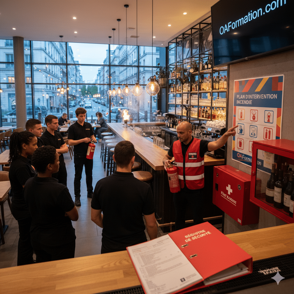 Un expert d'OAFormation en gilet de sécurité rouge forme le personnel d'un bar-restaurant moderne en France, montrant un plan d'intervention incendie affiché au mur à côté d'un registre de sécurité ouvert.