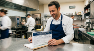 Voici le texte alternatif (balise Alt) optimisé pour le SEO de cette image, conçu pour maximiser ton référencement sur l'expression clé « Financement formation HACCP » : Texte alternatif : « Un expert de oaformation.com valide un dossier de demande de financement pour une formation HACCP via AKTO et l'AGEFICE dans une cuisine professionnelle, illustrant les solutions de prise en charge pour les restaurateurs et porteurs de projet CHR.