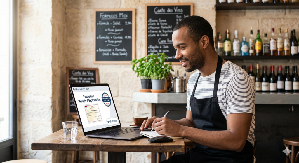 Un homme noir, propriétaire de restaurant portant un tablier, étudie la formation permis d'exploitation en ligne d'OAFormation sur son ordinateur portable, installé à une table dans son établissement avec une carte des vins et des bouteilles d'alcool en arrière-plan.