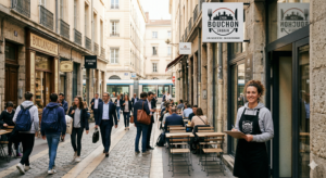 Photographie d'une rue piétonne animée de Lyon, bordée d'immeubles haussmanniens en pierre. Sur la droite, une restauratrice souriante portant un tablier noir se tient devant l'entrée de son établissement, nommé "Bouchon Urbain", en tenant un bloc-notes. L'enseigne du restaurant est visible au-dessus d'elle, ainsi que des tables et des chaises de terrasse. De nombreux passants circulent sur les pavés et le tramway de Lyon est visible en arrière-plan.