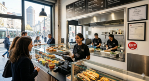 Intérieur animé d'un snack traiteur à Lyon Part-Dieu, montrant le comptoir avec des clients, des employés en tablier OA Formation, une cuisine propre, et les certificats obligatoires HACCP et Permis d'Exploitation 2026 encadrés au mur. Vue sur la Tour Part-Dieu et le tramway à l'extérieur.