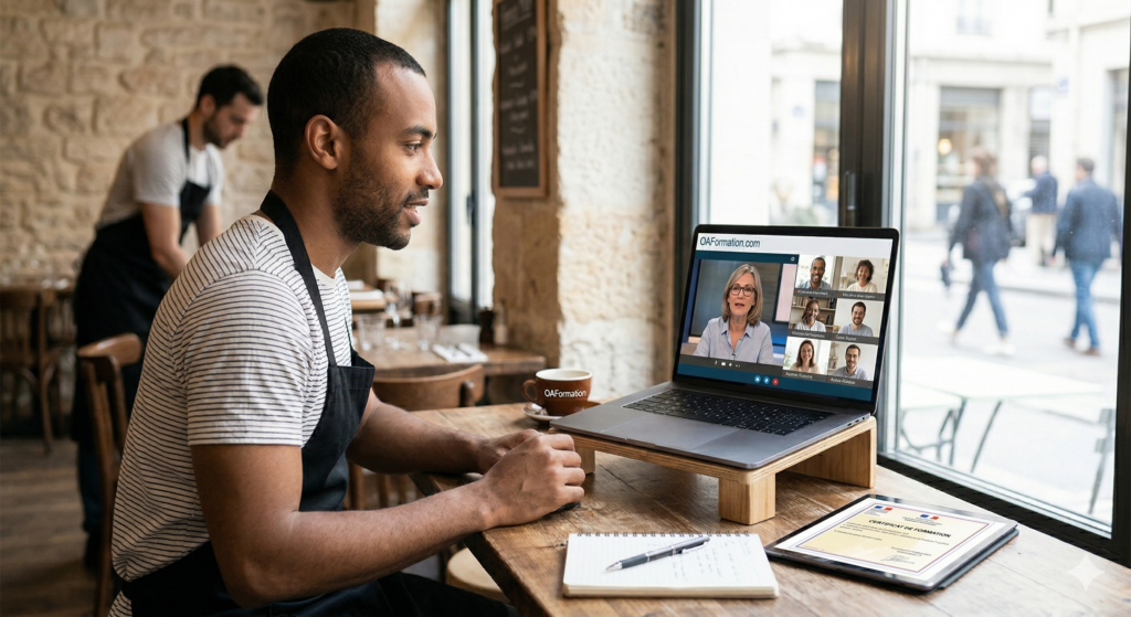 Restaurateur devant son ordinateur suivant une formation permis d'exploitation en visioconférence dans son établissement.