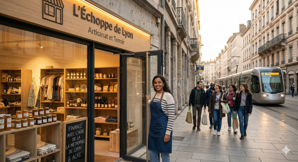 Photographie d'une jeune femme souriante ouvrant la porte de son nouveau commerce d'artisanat local, 'L'Échoppe de Lyon', dans une rue pavée du centre-ville de Lyon. Un panneau devant l'entrée mentionne le financement par la Métropole de Lyon et l'ACRE. Un tramway de Villeurbanne est visible en arrière-plan.