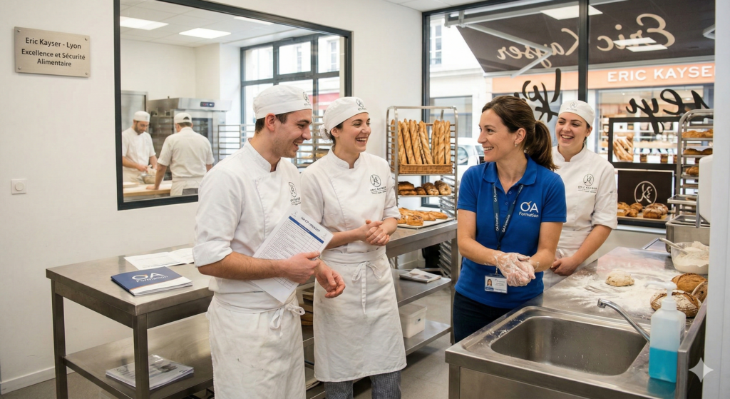 Cette image met en scène une formation pratique en hygiène, animée par une représentante d'OAF, au cœur même d'un atelier Eric Kayser à Lyon.