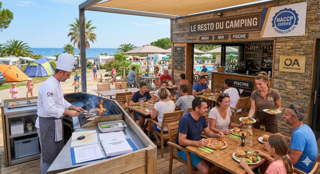 Voici des propositions de texte alternatif et de description pour cette image :
Texte alternatif (Alt text) :
Une terrasse de restaurant animée dans un camping en bord de mer en France. Un chef cuit des aliments sur un gril tandis que des clients d'un certain âge et des adultes d'âges variés dînent à des tables. La terrasse porte l'enseigne "LE RESTO DU CAMPING" et un panneau "HACCP CERTIFIÉ - FORMATION OA".